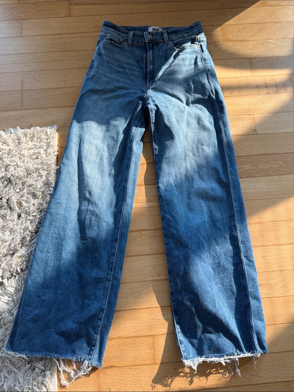 PAIGE Dark Blue Wide Leg Raw Hem Jeans